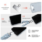 3 steps to attach a Snow Pretty In Blue scrunchie phone wrist strap: pass the tab through the charging port, fit the case, clip on the wrist strap