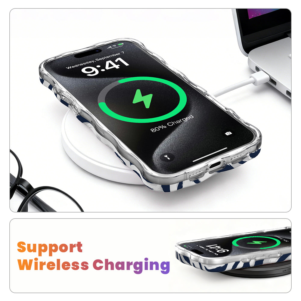 Zebra, Obviously navy and white zebra iPhone case charging on a white wireless charging pad, showing the case supports wireless and MagSafe charging without being removed.