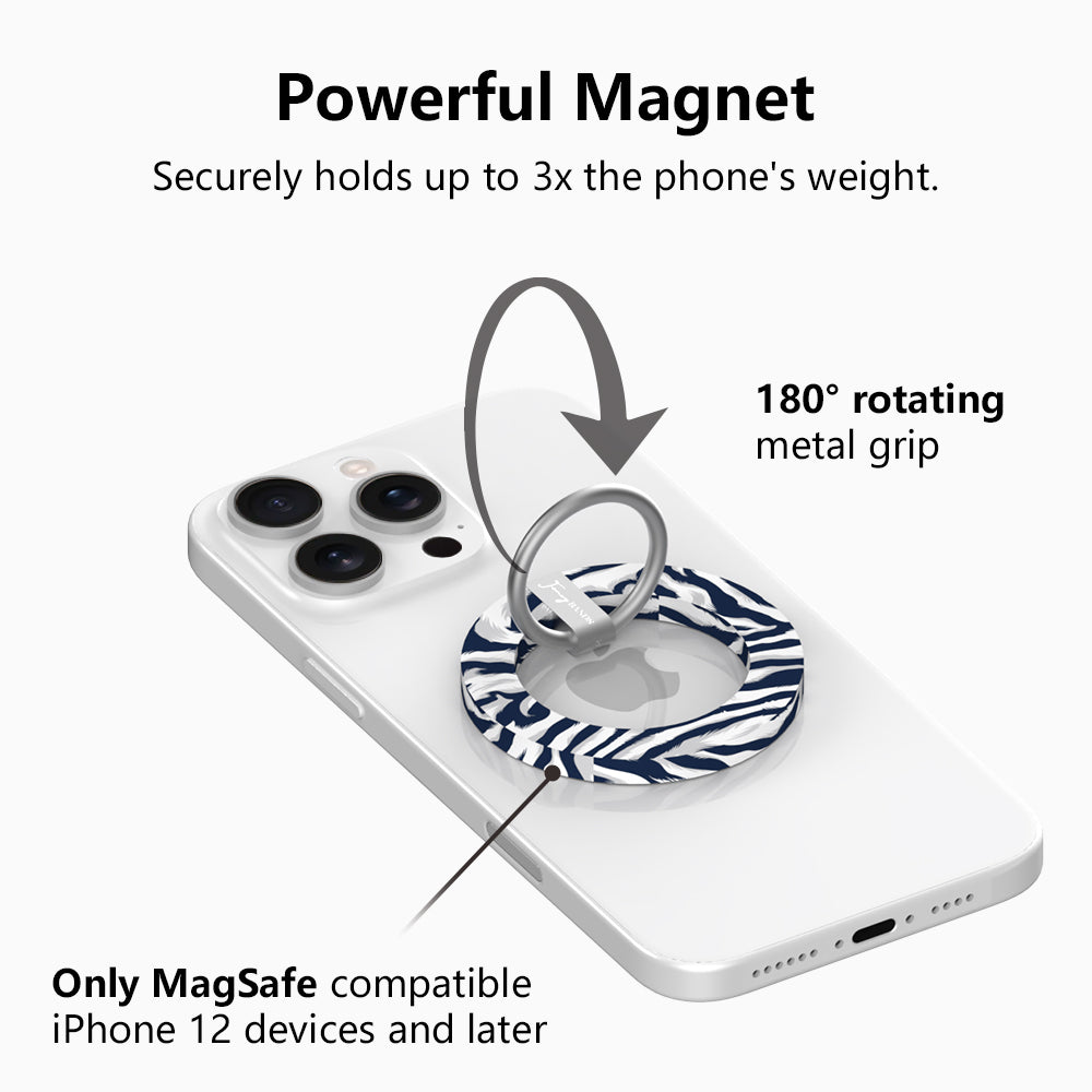 Diagram of the navy and white zebra MagSafe grip ring on a white iPhone showing the 180 degree rotating metal grip and a magnet that holds up to three times the phone's weight.