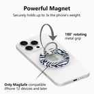 Diagram of the navy and white zebra MagSafe grip ring on a white iPhone showing the 180 degree rotating metal grip and a magnet that holds up to three times the phone's weight.