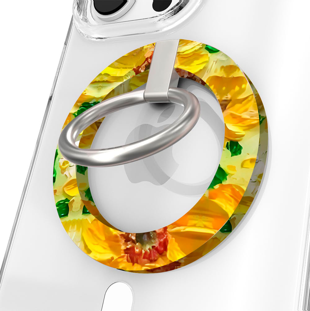 Sunshine Petals sunflower pattern MagSafe phone grip ring with bright yellow flowers and green leaves compatible with iPhone and Samsung