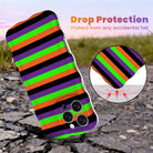 Drop protection diagram for the Main Witch Energy Wavy Luxe MagSafe iPhone case, black, purple, green and orange stripes, showing the cushioned corner.