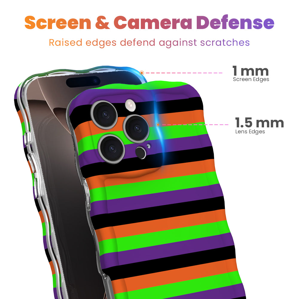Screen and camera defense diagram for the Main Witch Energy MagSafe iPhone case showing 1 mm raised screen edges and 1.5 mm raised lens edges.