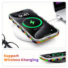 Wireless charging diagram showing an iPhone in the striped Main Witch Energy Wavy Luxe MagSafe case charging on a wireless charging pad.