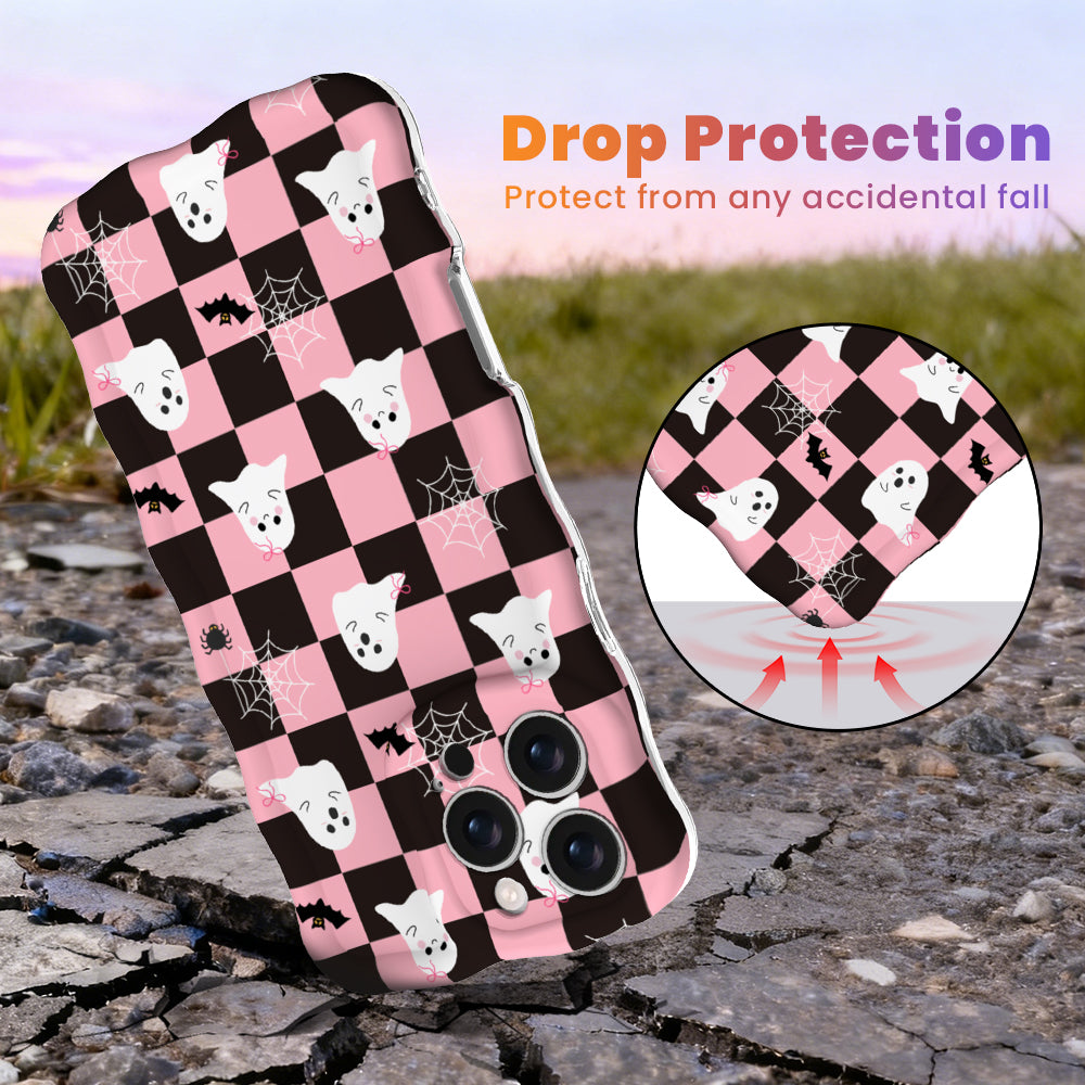 Drop protection diagram for the Hey Boo, Looking Cute Wavy Luxe MagSafe iPhone case, pink and black checkerboard with ghosts, showing the cushioned corner.