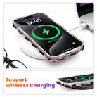 Wireless charging diagram showing an iPhone in the pink checkerboard Hey Boo, Looking Cute MagSafe case charging on a wireless charging pad.