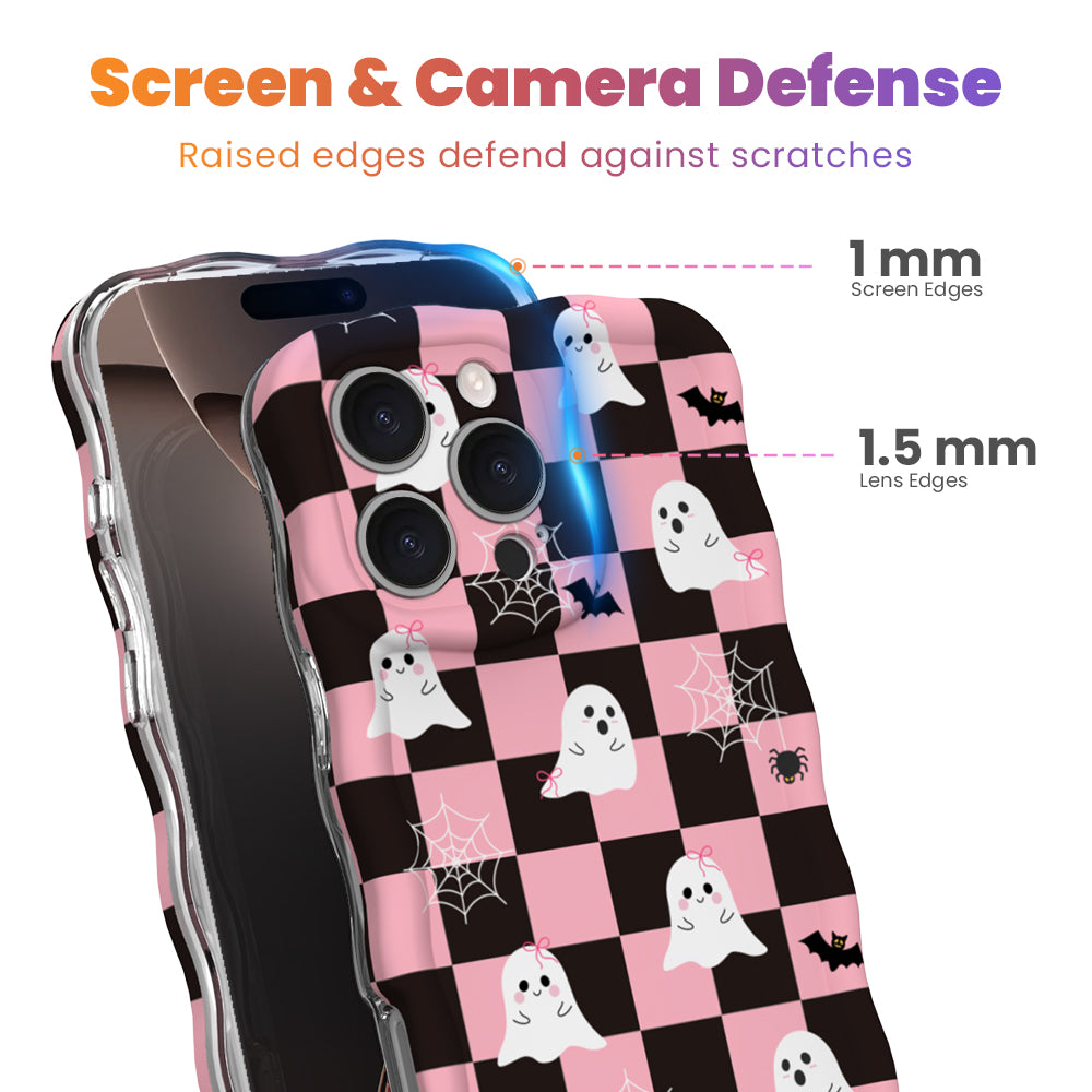 Screen and camera defense diagram for the Hey Boo, Looking Cute MagSafe iPhone case showing 1 mm raised screen edges and 1.5 mm raised lens edges.