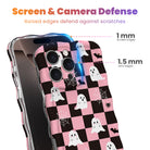 Screen and camera defense diagram for the Hey Boo, Looking Cute MagSafe iPhone case showing 1 mm raised screen edges and 1.5 mm raised lens edges.