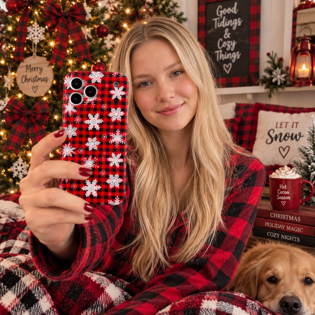 Blonde woman in red plaid pajamas taking a selfie with her Buffalo Plaid Snowflake iPhone case by the Christmas tree, golden retriever beside her