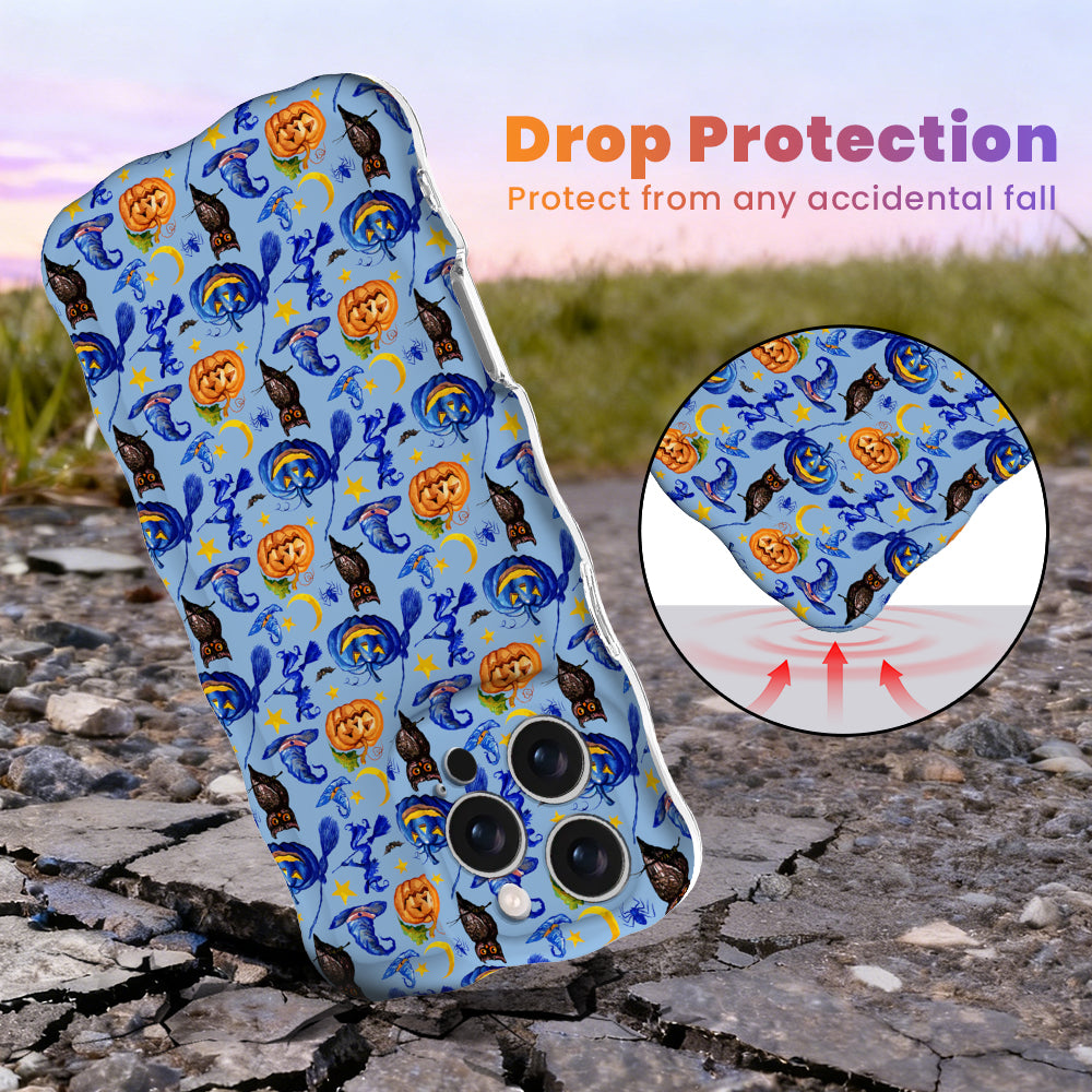 The Bewitching Hour Wavy Luxe MagSafe iPhone case drop protection graphic, showing raised edges on the periwinkle blue witch hat and owl print.