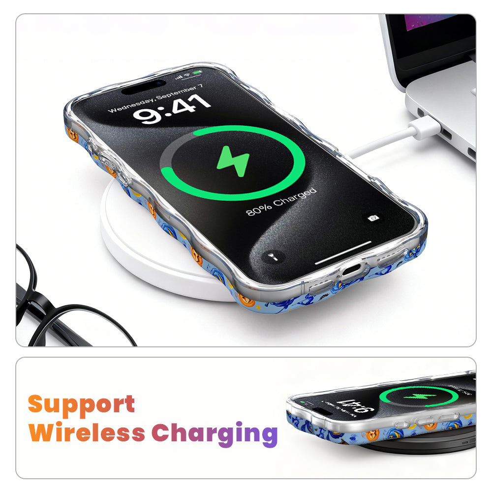The Bewitching Hour MagSafe iPhone case wireless charging graphic, built-in magnets aligning through the blue witch hat and pumpkin print.