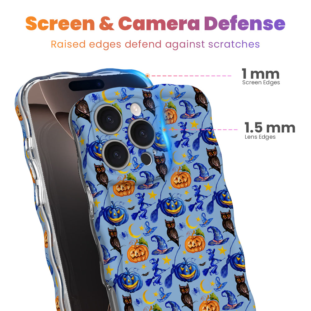 The Bewitching Hour iPhone case screen and camera defense graphic, raised lens and screen edges on the periwinkle owl and broomstick print.