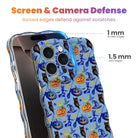 The Bewitching Hour iPhone case screen and camera defense graphic, raised lens and screen edges on the periwinkle owl and broomstick print.