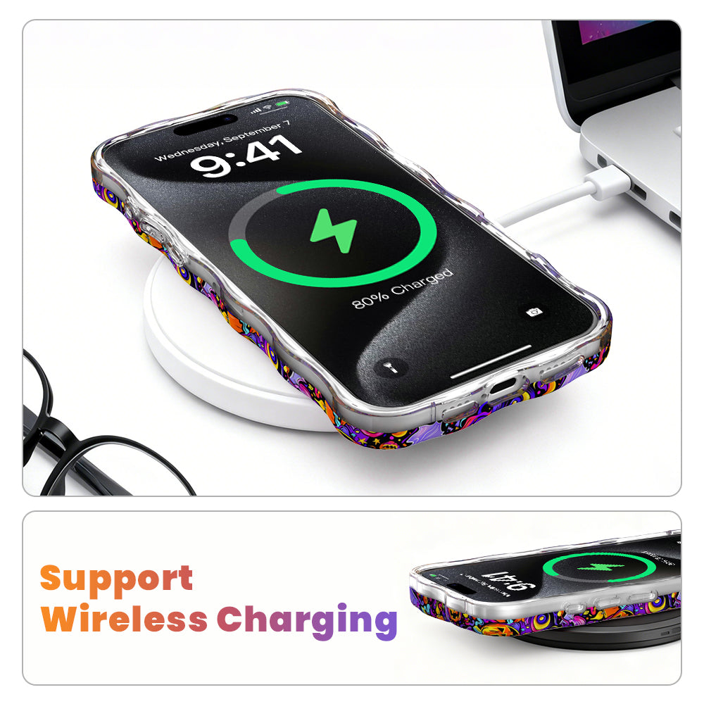 Wireless charging diagram showing an iPhone in the Jack-O-Lantern Jive Wavy Luxe MagSafe case charging on a wireless charging pad.