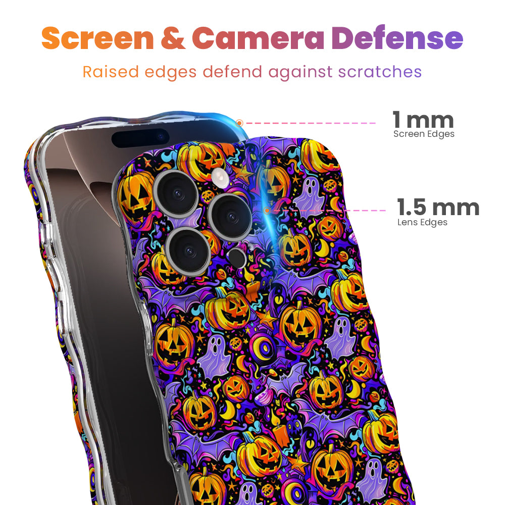 Screen and camera defense diagram for the Jack-O-Lantern Jive MagSafe iPhone case showing 1 mm raised screen edges and 1.5 mm raised lens edges.