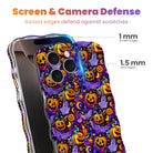 Screen and camera defense diagram for the Jack-O-Lantern Jive MagSafe iPhone case showing 1 mm raised screen edges and 1.5 mm raised lens edges.
