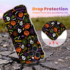 Drop protection diagram for the Spooky Wavy Luxe MagSafe iPhone case, black with orange pumpkins and skulls, showing the cushioned corner on pavement.