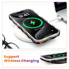 Wireless charging diagram showing an iPhone in the Spooky Wavy Luxe MagSafe case charging on a wireless charging pad.
