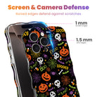 Screen and camera defense diagram for the Spooky MagSafe iPhone case showing 1 mm raised screen edges and 1.5 mm raised lens edges.