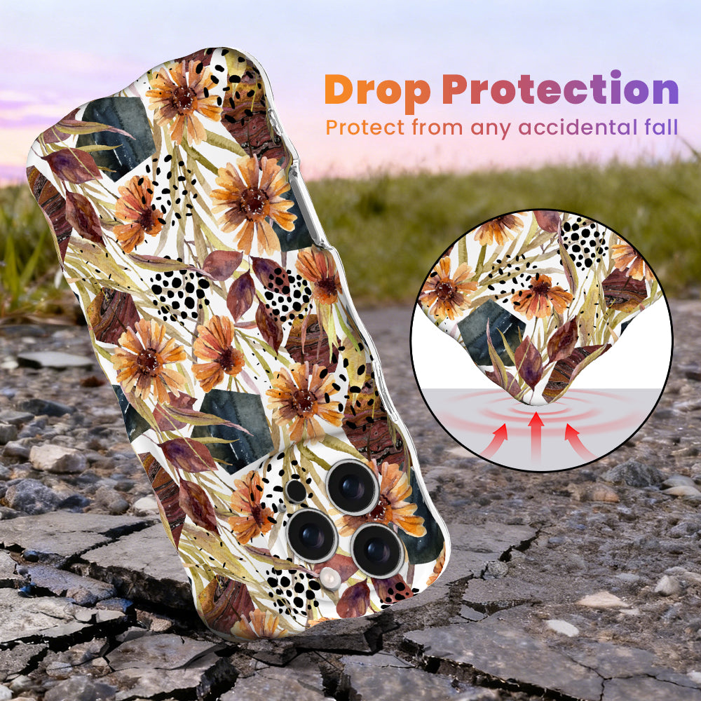 Drop protection graphic for the Sienna Petals Wavy Luxe MagSafe iPhone case, cream with watercolor rust flowers, showing the cushioned wavy edges.