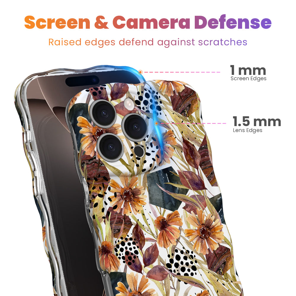 Screen and camera defense graphic for the Sienna Petals iPhone case, showing 1 mm raised screen edges and 1.5 mm raised lens edges on the cream floral print.