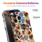 Screen and camera defense graphic for the Sienna Petals iPhone case, showing 1 mm raised screen edges and 1.5 mm raised lens edges on the cream floral print.