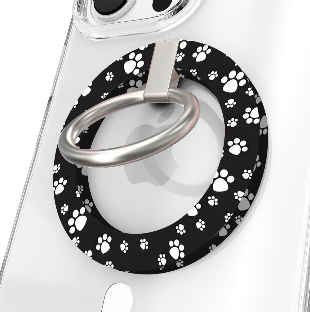 Black Paw Print pattern MagSafe phone grip ring with white paws on black background compatible with iPhone and Samsung