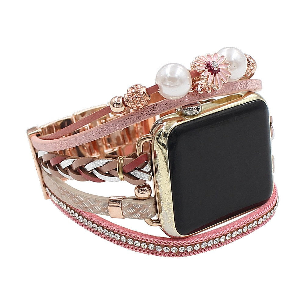 Blinged Out Leather Steel Bracelet Band For Apple Watch Multiple Colors Available