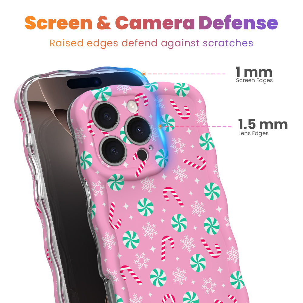 Peppermint Cutie iPhone case with 1 mm raised screen edges and 1.5 mm raised camera lens edges, pink peppermint candy print