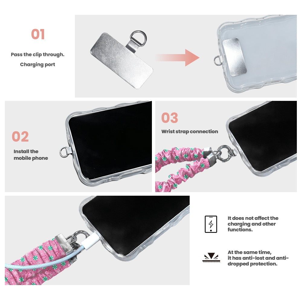 3 steps to attach a Peppermint Cutie scrunchie phone wrist strap: pass the tab through the charging port, fit the case, clip on the wrist strap
