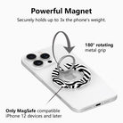 Fifth Ave. Flow monochromatic fluid wave pattern MagSafe phone grip ring with black and white swirling design compatible with iPhone and Samsung