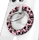 Pretty Little Paws pattern MagSafe phone grip ring with black paw prints on a pink background compatible with iPhone and Samsung
