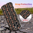 Pretty Little Details black Wavy Luxe MagSafe iPhone case with champagne pearl strands and rose gold rose drops, standing on cracked rock at sunset with an inset of the cushioned drop-protection edge.