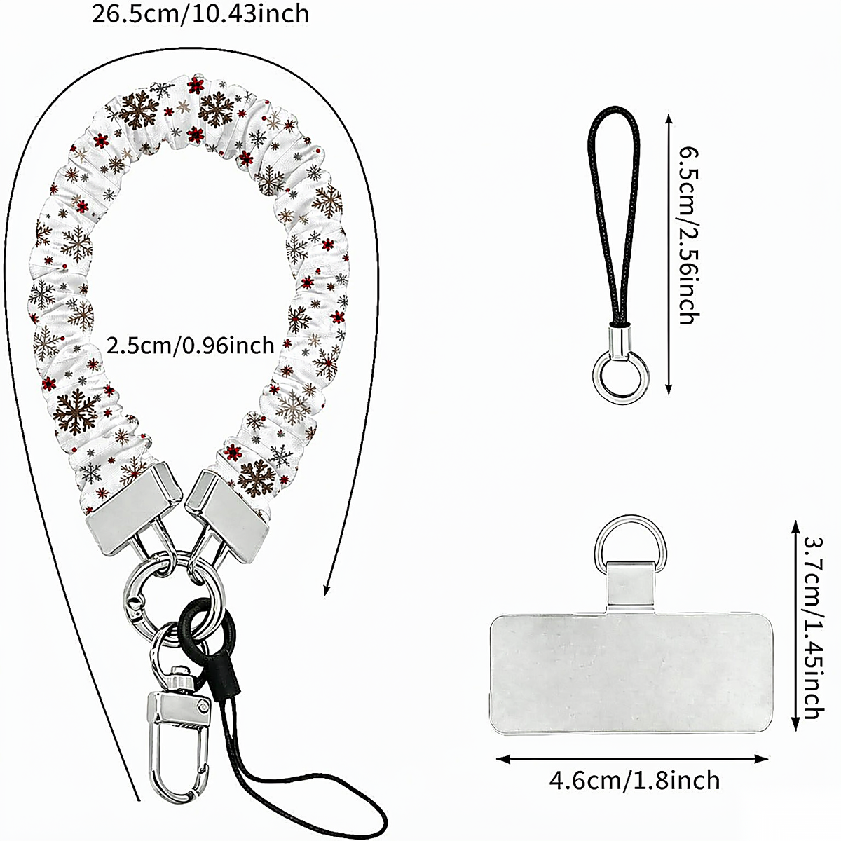 Deer Joy White scrunchie phone wrist strap dimensions: 26.5 cm strap, 2.5 cm wide, 6.5 cm loop, 4.6 x 3.7 cm phone tab