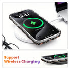 iPhone in the Pretty Little Details black pearl and rose case charging on a white wireless pad, showing the case supports wireless and MagSafe charging without being removed.