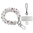 Deer Joy White scrunchie phone wrist strap laid flat, brown and red snowflakes on white, with silver clasp, lanyard loop and phone tab