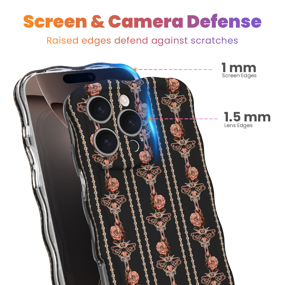 Close-up of the Pretty Little Details black pearl and rose gold iPhone case showing 1mm raised screen edges and 1.5mm raised camera lens edges that defend against scratches.