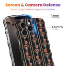 Close-up of the Pretty Little Details black pearl and rose gold iPhone case showing 1mm raised screen edges and 1.5mm raised camera lens edges that defend against scratches.