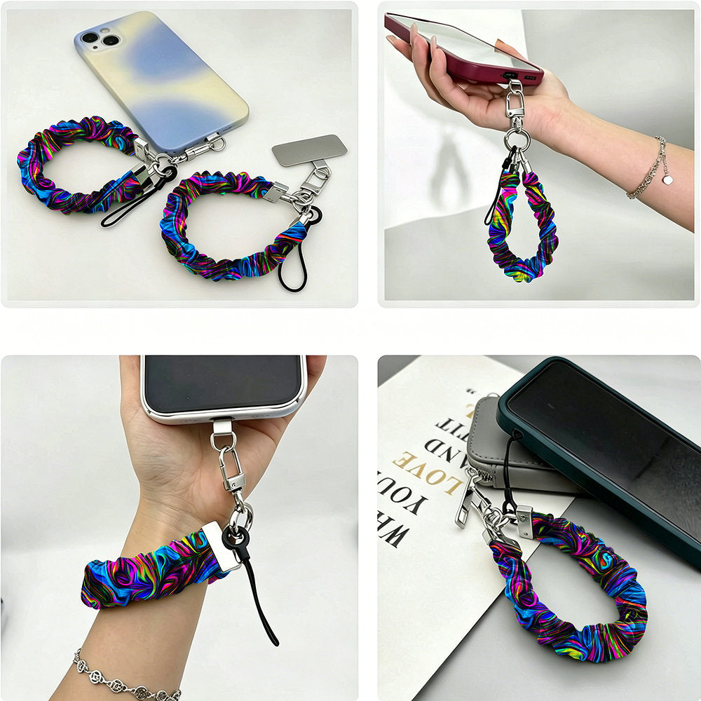 Four ways to use the Neon Taffy scrunchie phone wrist strap: clipped to a phone with the attachment tab, looped in the hand, worn on the wrist, and resting beside a phone.