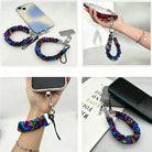 Four ways to use the Neon Taffy scrunchie phone wrist strap: clipped to a phone with the attachment tab, looped in the hand, worn on the wrist, and resting beside a phone.