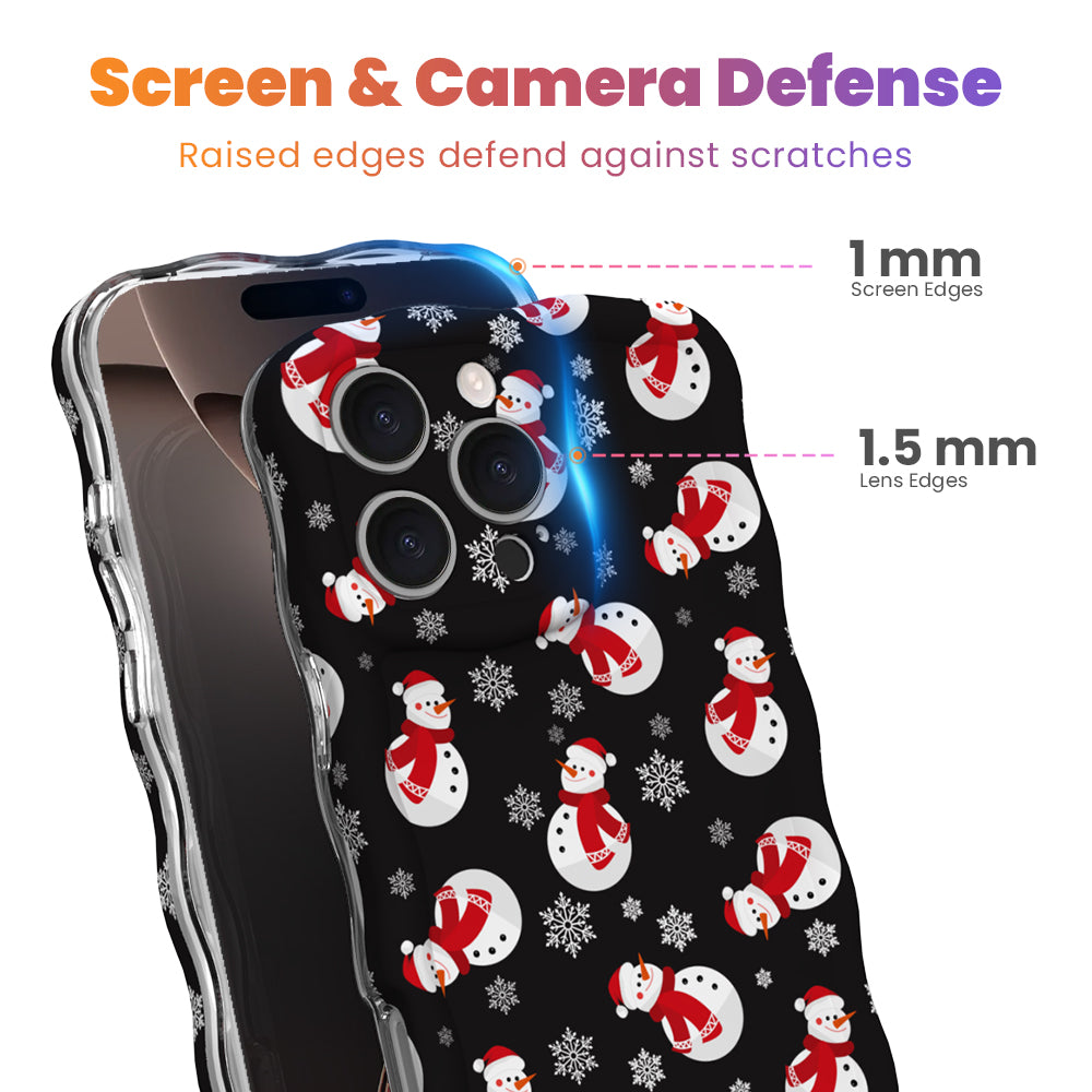 Snowman iPhone case with 1 mm raised screen edges and 1.5 mm raised camera lens edges, black print with white snowmen in red scarves and Santa hats