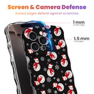 Snowman iPhone case with 1 mm raised screen edges and 1.5 mm raised camera lens edges, black print with white snowmen in red scarves and Santa hats