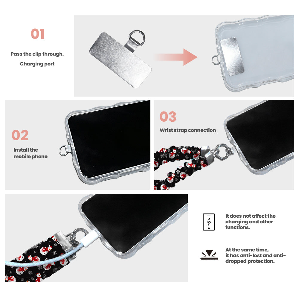 3 steps to attach the Snowman scrunchie phone strap: pass the tab through the charging port, fit the case, clip on the wrist strap