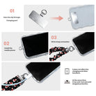 3 steps to attach the Snowman scrunchie phone strap: pass the tab through the charging port, fit the case, clip on the wrist strap