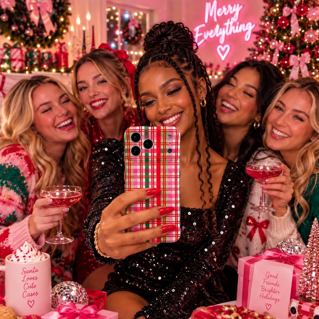 Group of friends at a pink Christmas party taking a selfie with the Merry Little Plaid iPhone case