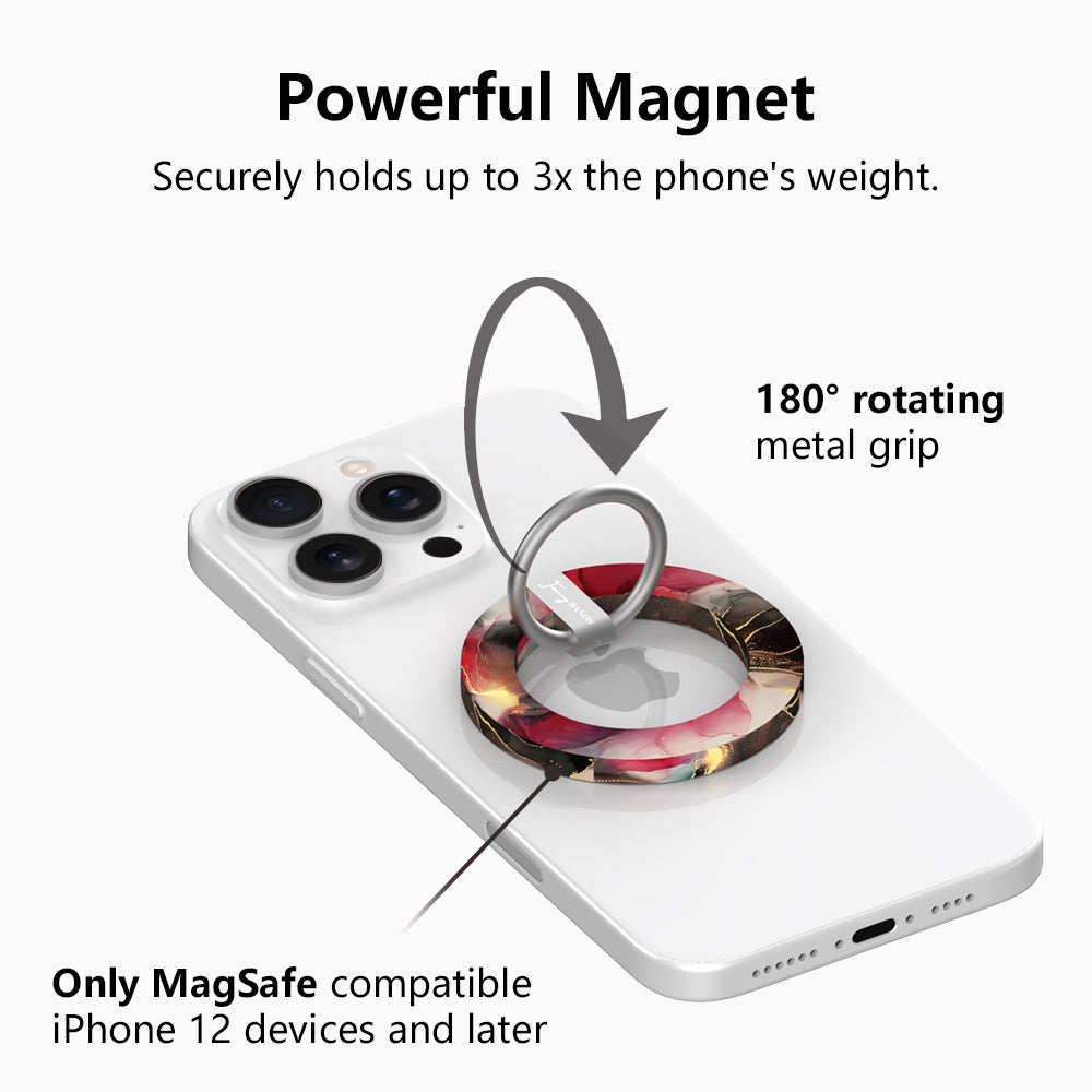 Powerful magnet graphic for the Velvet Vixen MagSafe grip ring, showing the 180 degree rotating metal grip that holds up to three times the phone's weight.