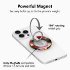 Powerful magnet graphic for the Velvet Vixen MagSafe grip ring, showing the 180 degree rotating metal grip that holds up to three times the phone's weight.