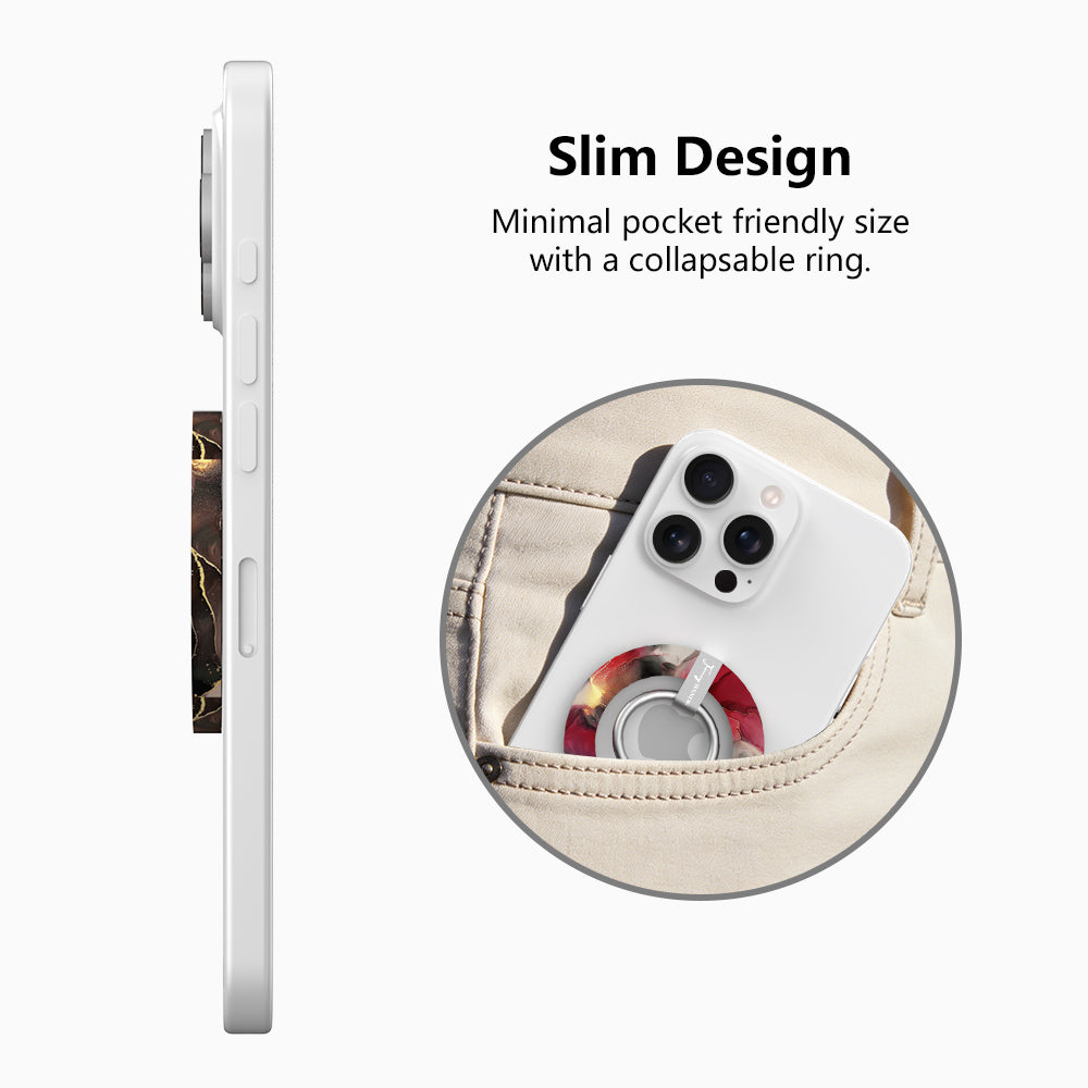 Slim design graphic for the Velvet Vixen MagSafe grip ring, showing the low-profile collapsible ring sliding into a pocket.
