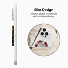 Slim design graphic for the Velvet Vixen MagSafe grip ring, showing the low-profile collapsible ring sliding into a pocket.