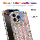 Screen and camera defense graphic for The Pink Heiress iPhone case, showing 1 mm raised screen edges and 1.5 mm raised lens edges on the baroque scroll print.